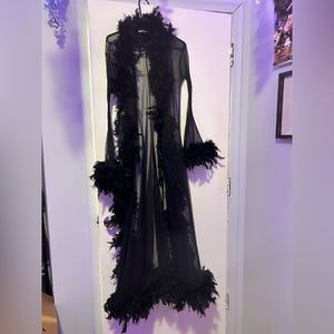 sheer floor length long sleeve robe lined with black feathers